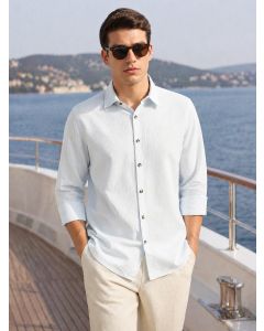 Blue Premium Slim Fit Long Sleeves Spread Collar Textured Cotton Linen Shirt