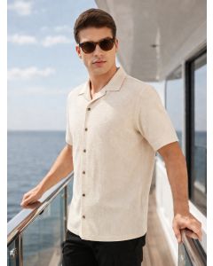 Beige Premium Oversized Fit Short Sleeves Cuban Collar 100% Cotton Seersucker Shirt