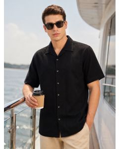 Black Premium Oversized Fit Short Sleeves Cuban Collar 100% Cotton Seersucker Shirt