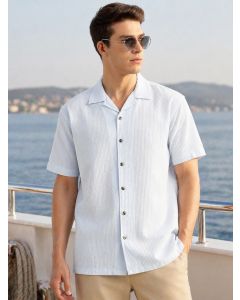 Sky Blue Premium Oversized Fit Short Sleeves Cuban Collar 100% Cotton Seersucker Shirt