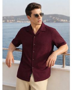 Wine Premium Oversized Fit Short Sleeves Cuban Collar 100% Cotton Seersucker Shirt