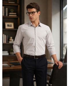 Grey Premium Long Sleeves Spread Collar Regular Fit Windowpane Checks 100% Cotton Formal Shirt