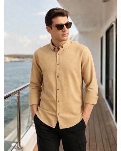 Beige Long Regular Sleeves Slim Fit Button-Down Collar Solid Linen Casual Shirt