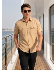 Khaki Premium Short Sleeves Slim Fit Spread Collar 2 Flap Pockets Solid Cotton Linen Casual Shirt