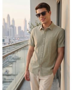 Dark Olive Premium Short Sleeves Slim Fit Spread Collar Solid Cotton Linen Casual Shirt