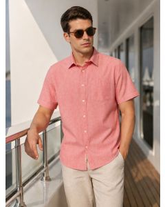 Red Premium Short Sleeves Slim Fit Spread Collar Solid Cotton Linen Casual Shirt