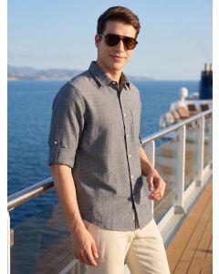 Black Premium Slim Fit Long Roll-Up Sleeves Spread Collar Solid Linen Casual Shirt