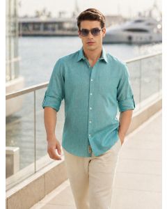 Green Premium Slim Fit Long Roll-Up Sleeves Spread Collar Solid Linen Casual Shirt