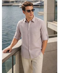 Light Grey Premium Slim Fit Long Roll-Up Sleeves Spread Collar Solid Linen Casual Shirt