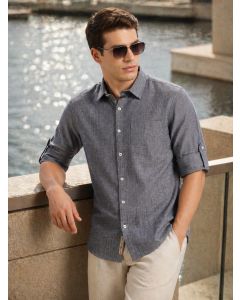 Navy1 Premium Slim Fit Long Roll-Up Sleeves Spread Collar Solid Linen Casual Shirt