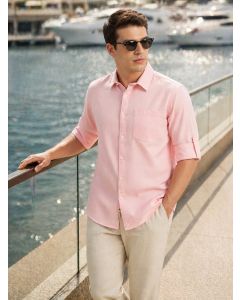 Pink Premium Slim Fit Long Roll-Up Sleeves Spread Collar Solid Linen Casual Shirt