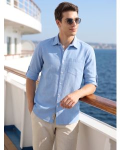 Royal Blue Premium Slim Fit Long Roll-Up Sleeves Spread Collar Solid Linen Casual Shirt