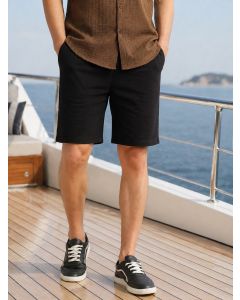 Black Mid-Rise Regular Fit Solid Knee Length Knitted Shorts with Drawstring Closure