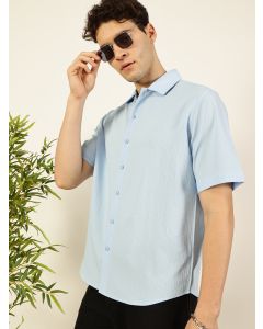 Light Blue Regular Fit Short Sleeves Textured Shirt