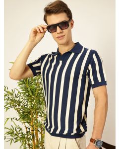 Navy Blue  Bio Finish Striped Polo Collar Cotton T-shirt