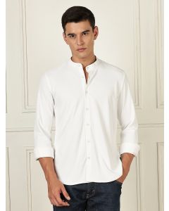 White Premium Slim Fit Long Sleeves Mandarin Collar 4 Way Stretch CoolMax Knitted Shirt