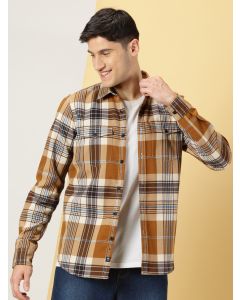 Brown Regular Fit Long Sleeves Spread Collar Tartan Checks Double Pocket Knitted Casual Shirt