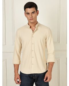 Beige Premium Slim Fit Long Sleeves Mandarin Collar 4 Way Stretch CoolMax Knitted Shirt
