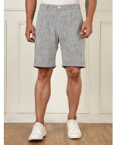 Olive Mid-Rise Straight Fit Micro Checks Woven Linen Shorts