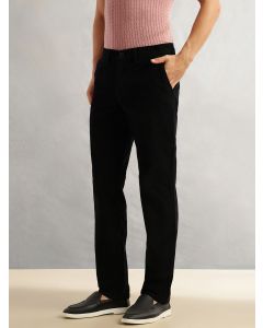 Black Regular Fit Mid-Rise Self Texture Cross Corduroy Trouser