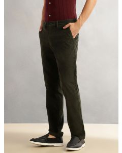 Olive Regular Fit Mid-Rise Self Texture Cross Corduroy Trouser