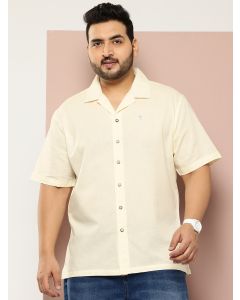 Yellow Plus Size Oversized Fit Short Sleeves Cuban Collar Solid Cotton Linen Casual Shirt