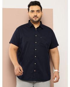 Navy Plus Size Regular Fit Short Sleeves Spread Collar 100% Cotton Casual Shirt