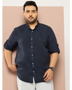 Navy Plus Size Regular Fit Long Roll-Up Sleeves Button-Down Collar Solid Casual Shirt