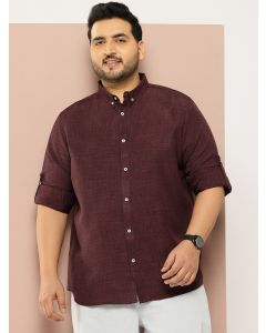 Wine Plus Size Regular Fit Long Roll-Up Sleeves Button-Down Collar Solid Casual Shirt