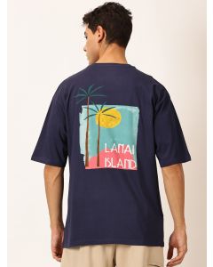 Men Navy Blue Printed Oversized Cotton Tshirt