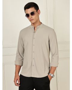 Grey Premium Slim Fit Long Sleeves Mandarin Collar 4 Way Stretch CoolMax Knitted Shirt