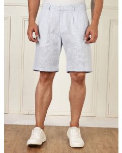 Blue Mid-Rise Straight Fit Micro Checks Woven Linen Shorts