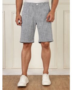 Navy Mid-Rise Straight Fit Micro Checks Woven Linen Shorts