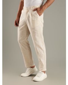 Beige Straight Fit Mid-Rise Sriped Linen Trouser