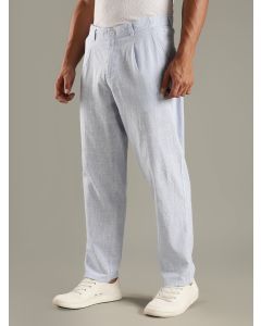 Blue Straight Fit Mid-Rise Sriped Linen Trouser