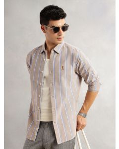 Beige Slim Fit Long Sleeves Spread Collar 100% Cotton Oxford Casual Shirt