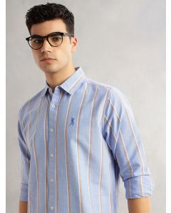 Blue Slim Fit Long Sleeves Spread Collar 100% Cotton Oxford Casual Shirt