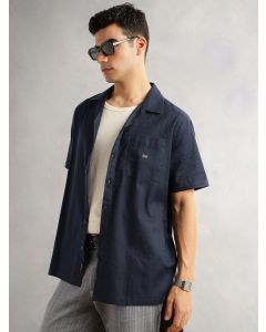 Navy Oversized Fit Short Sleeves Cuban Collar Gingham Checks 100% Cotton Casual Shirt