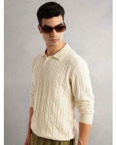 Cream Regular Fit Long Sleeves Self Design 100% Cotton Polo Collar Knitted Tshirt