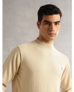 OffWhite Regular Fit Long Sleeves Turtle Neck 100% Cotton Solid Knitted Pullover Sweater