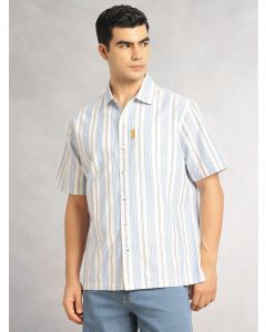 Blue Cricket Club Collection Oversized Short Sleeves Cuban Collar Vertical Striped 100% Cotton Oxford Casual Shirt