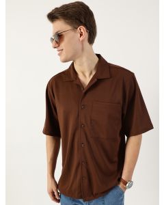 Dark Brown  Premium Cuban Collar Textured Cotton Oversized Casual Shirt