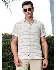 White Slim Fit Short Sleeves Horizontal Stripes Woven Casual Shirt