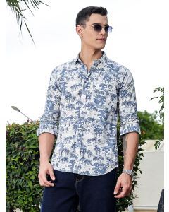 Blue Regular Fit Long Sleeves Floral Print Pure Cotton Casual Shirt