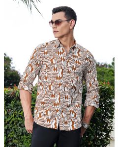 Brown Regular Fit Long Sleeves Geometric Print Pure Cotton Casual Shirt