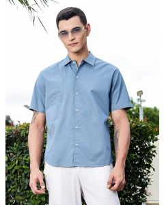 Medium Blue Regular Fit Short Sleeves Spread Collar Embroidered Shirt