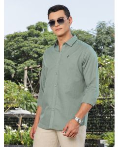 Green Slim Fit Long Sleeves Spread Collar Linen Casual Shirt