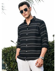 Black Slim Fit Long Sleeves Horizontal Stripes Casual Shirt