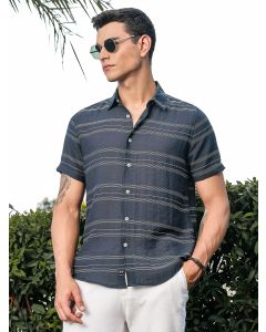 Peacock Slim Fit Short Sleeves Horizontal Stripes Woven Casual Shirt