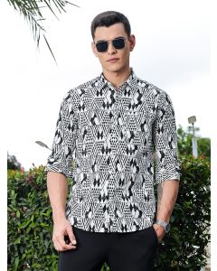 Black Regular Fit Long Sleeves Geometric Print Pure Cotton Casual Shirt
